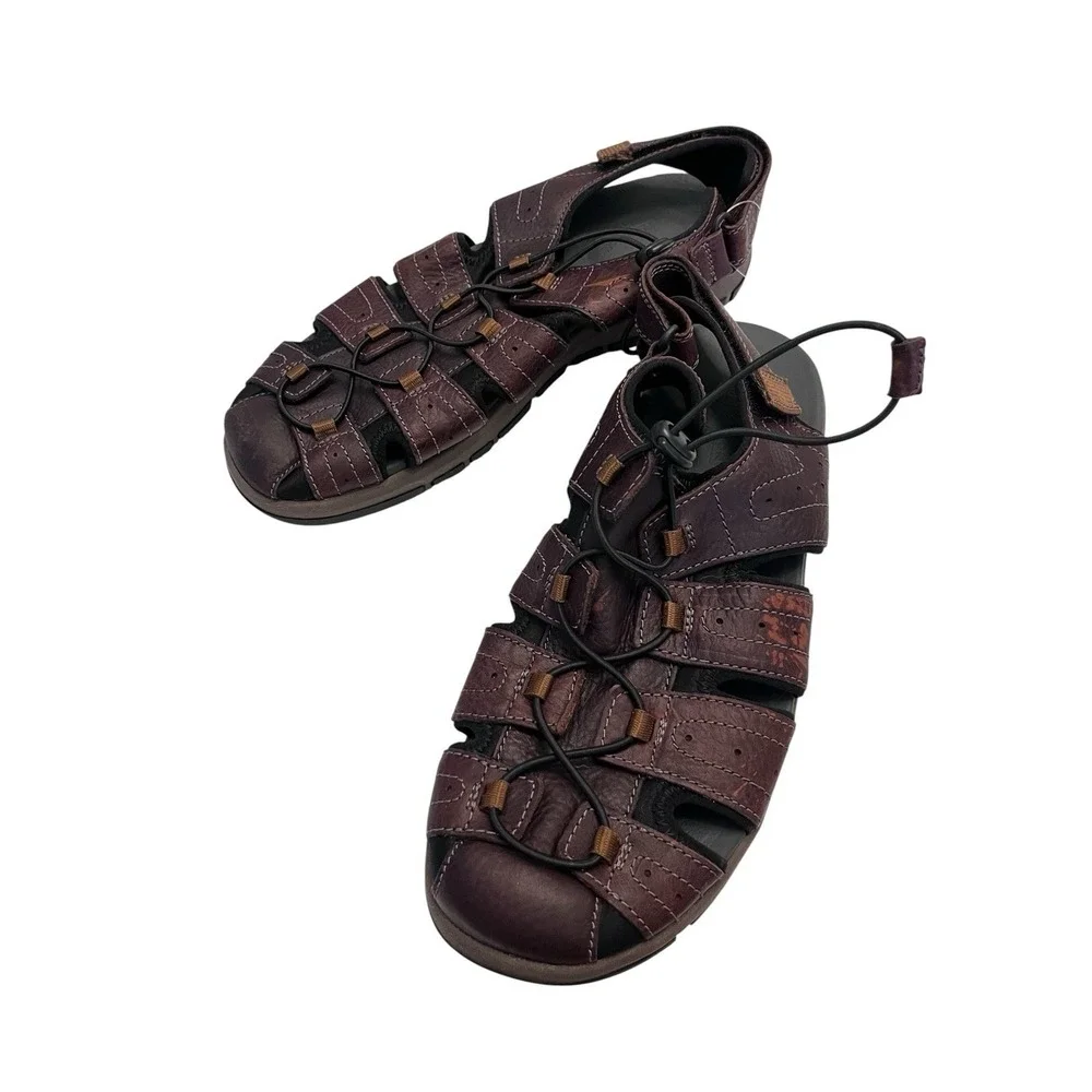 New CLARK'S Sz 13 Brixby Cove Dark Brown Leather Fisherman Sandals Pls Read Flaw
